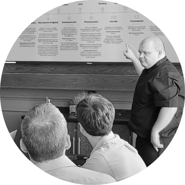 A man presenting a Powerpoint presentation to a group