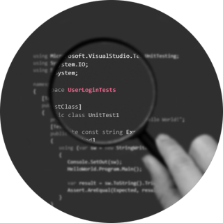 A magnifying glass showing an enlarged view of unit test code