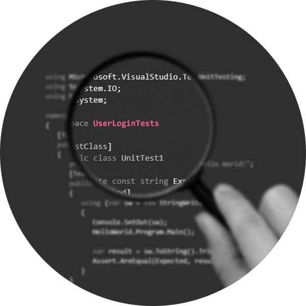 A magnifying glass showing an enlarged view of unit test code