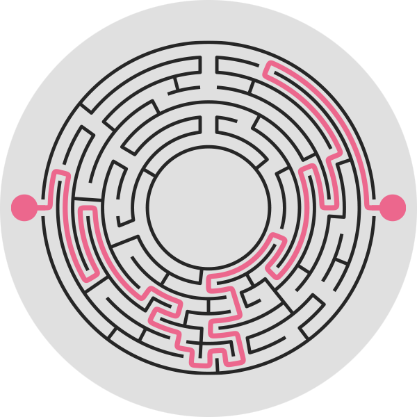 A complex maze with a highlighted path through