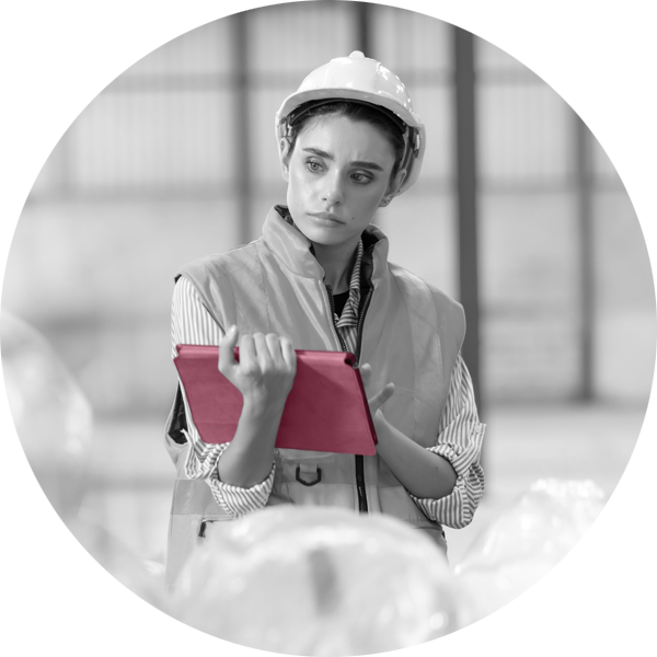 A woman performing quality control in a factory using an iPad