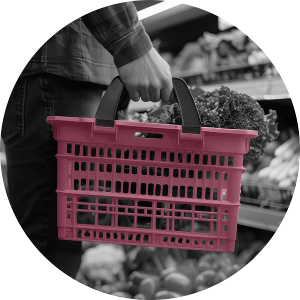 Person shopping in the supermarket with a small amount of shopping in a basket