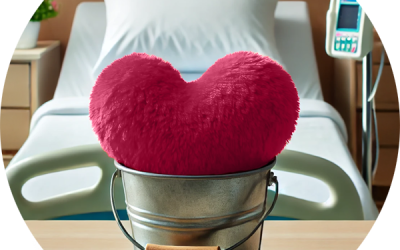 A pink heart shaped cushion in a bucket by a hospital bed