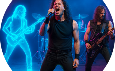 A heavy metal band playing on stage with holographic band members suggesting generative AI
