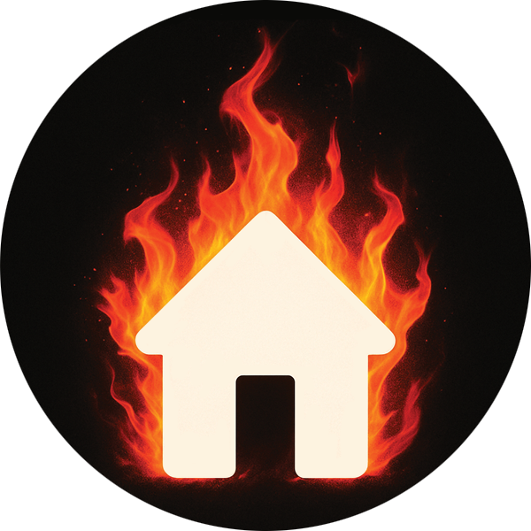 A white home icon on a black background with the house on fire